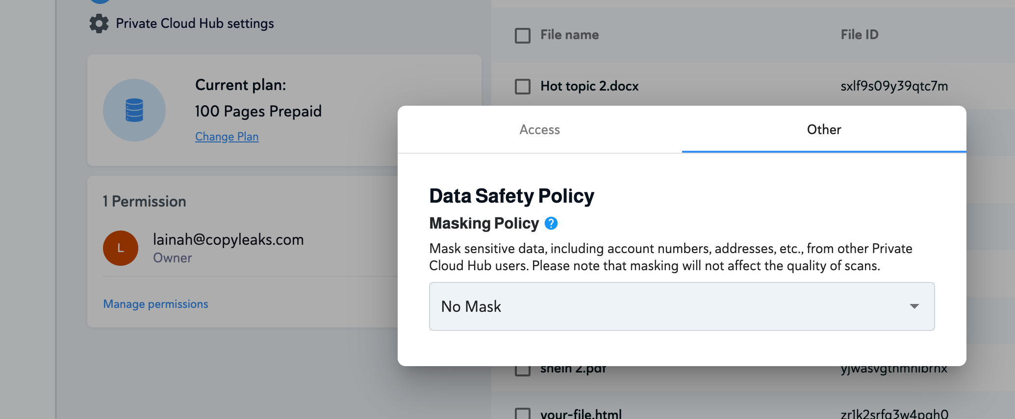What is the masking policy for documents in the Private Data Hub?